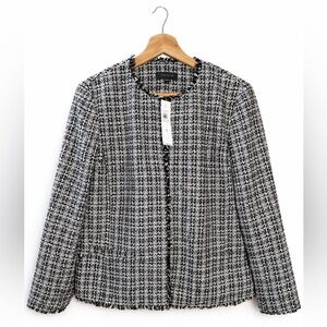 NWT ANN TAYLOR Tweed Jacket Size 10 Black White Fringe